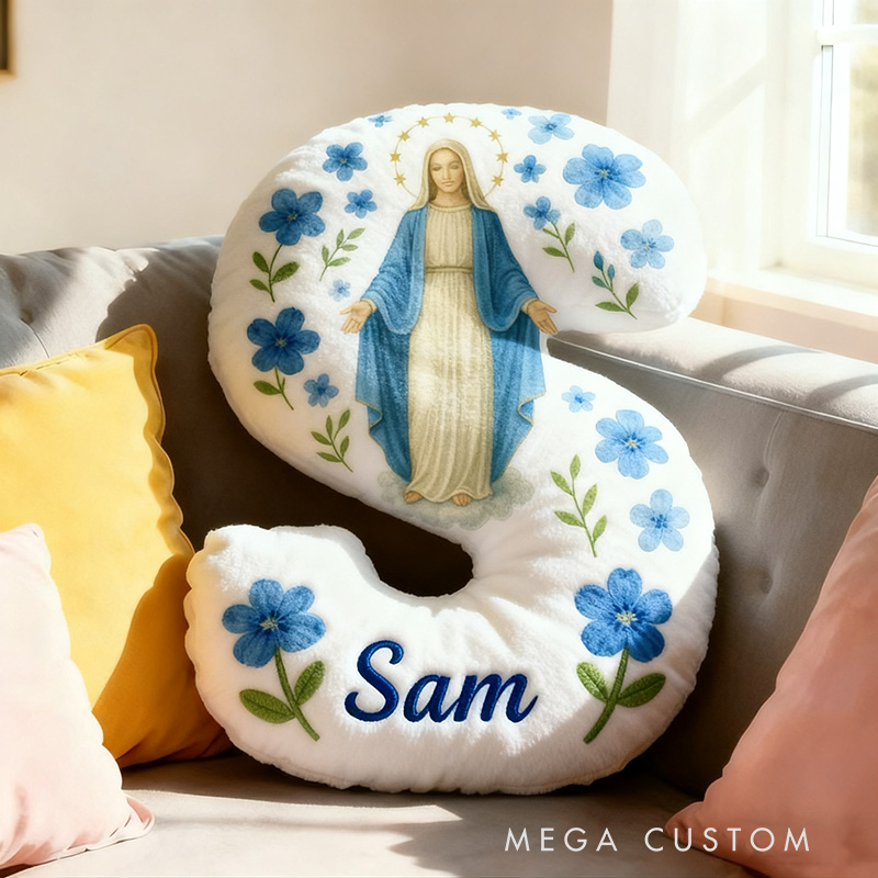Personalized Catholic Virgin Mary Letter Pillow with Name Home Decor Our Lady Pillow Blue Floral Catholic Marian Pillow Christian Gift for Women
