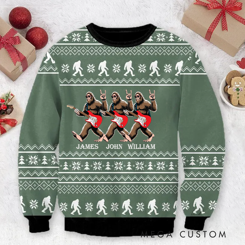 Personalized Ugly Sweater Rockstar Bigfoot Playing Electric Guitar Sweater Music Christmas Sweater Song Fan Family Sweater