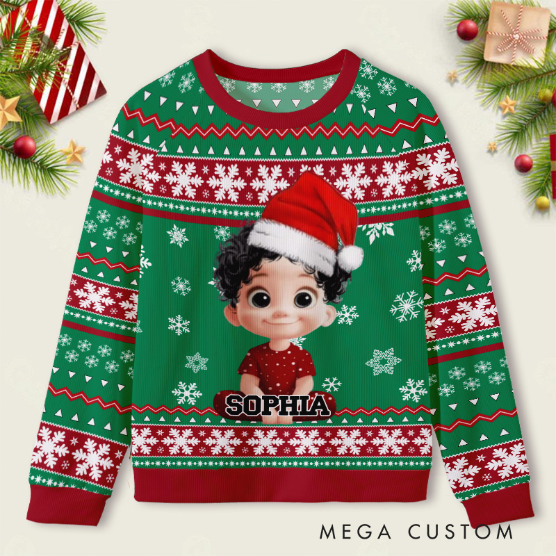 Personalized Green Santa Sweater Kids Ugly Christmas Sweater