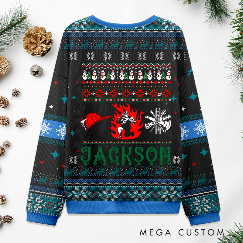 Personalized Firefighter Christmas Sweater Fire Hydrant Flame Snowflake Sweatshirt Gift for Firefighters