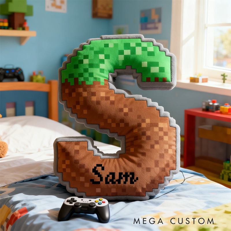 Personalized Pixel Grass Graphic 3D Print Alphabet Shaped Pillow for Game Lovers Initial Pillow Christmas Gift for Kids