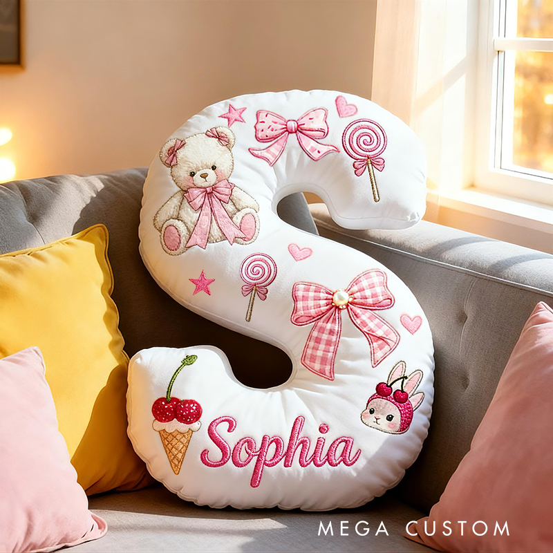 Personalized Teddy Bear Bow Candy Cherry Custom Name Soft Decorative Gift Sweet Princess Style Cozy Nursery Room Dream Pink Cute Graphic 3D Print Pillow