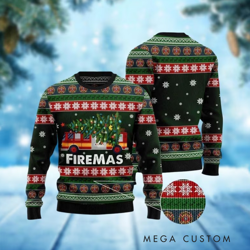 Personalized Christmas Firefighter Ugly Sweater Fireman Xmas Sweater Firefighter Ugly Christmas Sweater Fire Department Sweater For Men