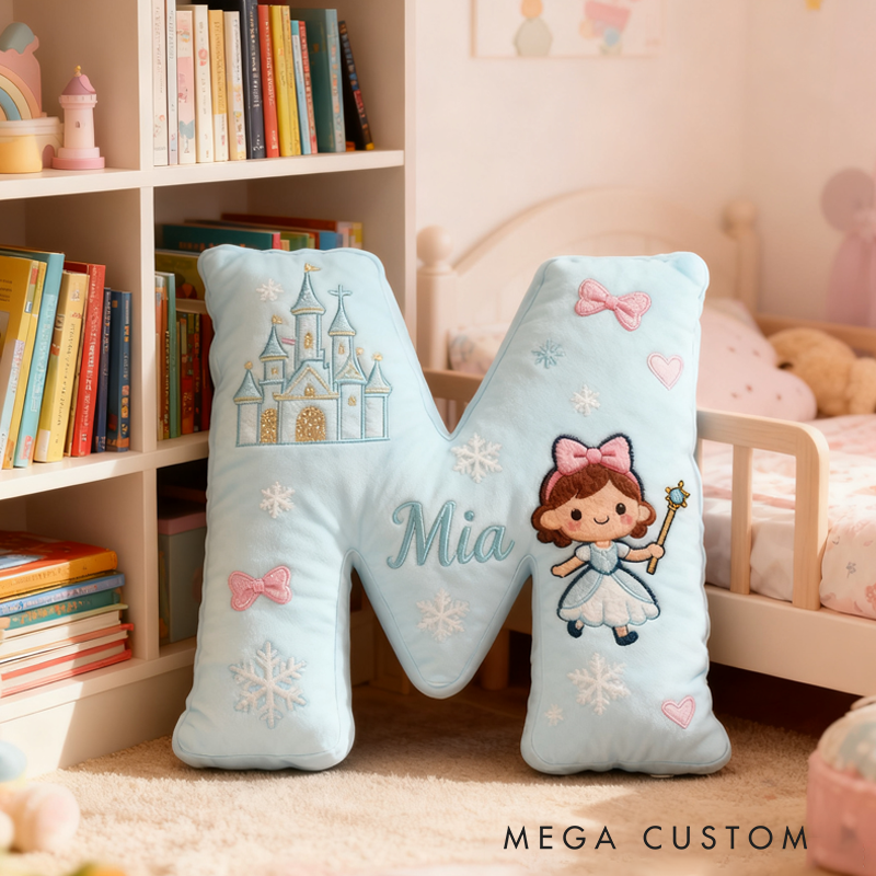 Personalized Light Blue Letter Christmas Gift Pillow with Castle Bow Accents and Fairy Princess Design for a Magical and Whimsical Touch 3D Print Pillow