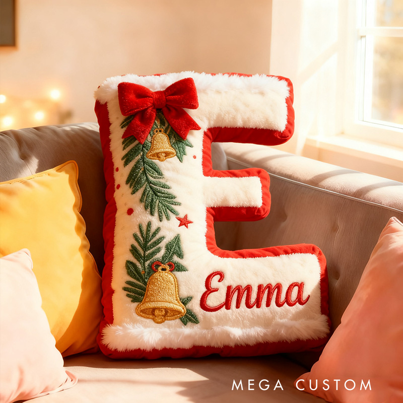 Personalized Christmas Letter Name Custom Kids Gift Festive Red Bow Holiday Cozy Decorative Graphic 3D Print Pillows