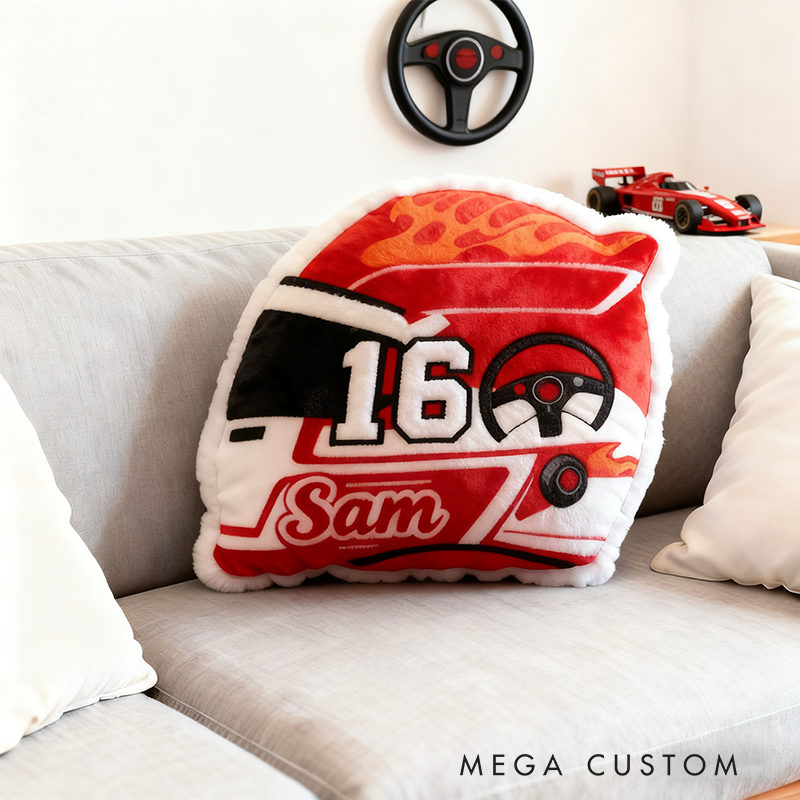 Personalized Racing Helmet Shaped Pillow Graphic 3D Print Custom Name Race Car Design Cushion Gift for Motorsports and Racing Lovers
