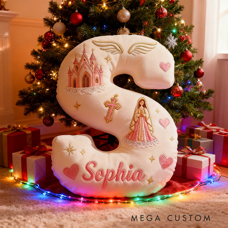 Personalized Virgin Mary Letter Pillow with Custom Name Kid Room Decor Church Cross Angel Wing Religious Faith Gift for Her Graphic 3D Print Pillow