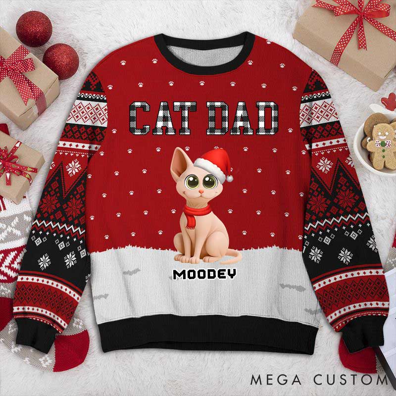Personalized Cat Lover Cat Dad Pattern Christmas Ugly Sweater