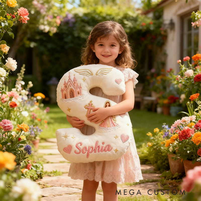 Personalized Virgin Mary Letter Pillow with Custom Name Kid Room Decor Church Cross Angel Wing Religious Faith Gift for Her Graphic 3D Print Pillow