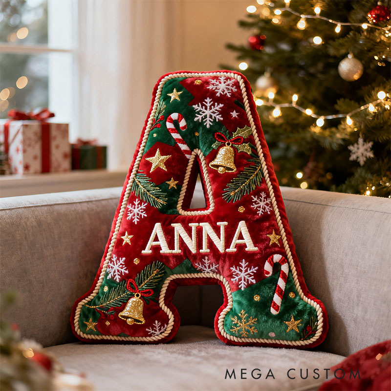Personalized Christmas Letter Pillow Festive Holiday Decor Candy Cane and Bell Graphic 3D Print Cozy Custom Cushion for Living Room Soft Decorative