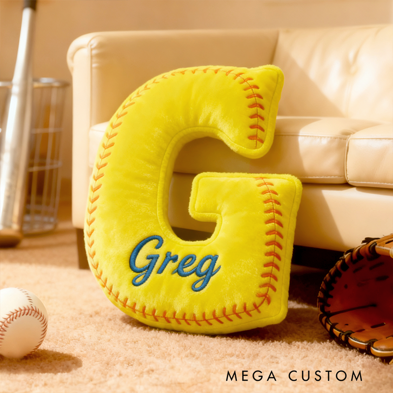Personalized Softball Themed Letter Shaped Pillow with Custom Name