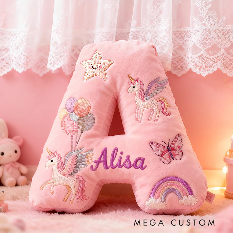 Personalized Pink Rainbow Letter Initial Custom Name Soft Decorative Gift Magical Girls Room Cozy Alphabet Shape  Graphic 3D Print Pillow