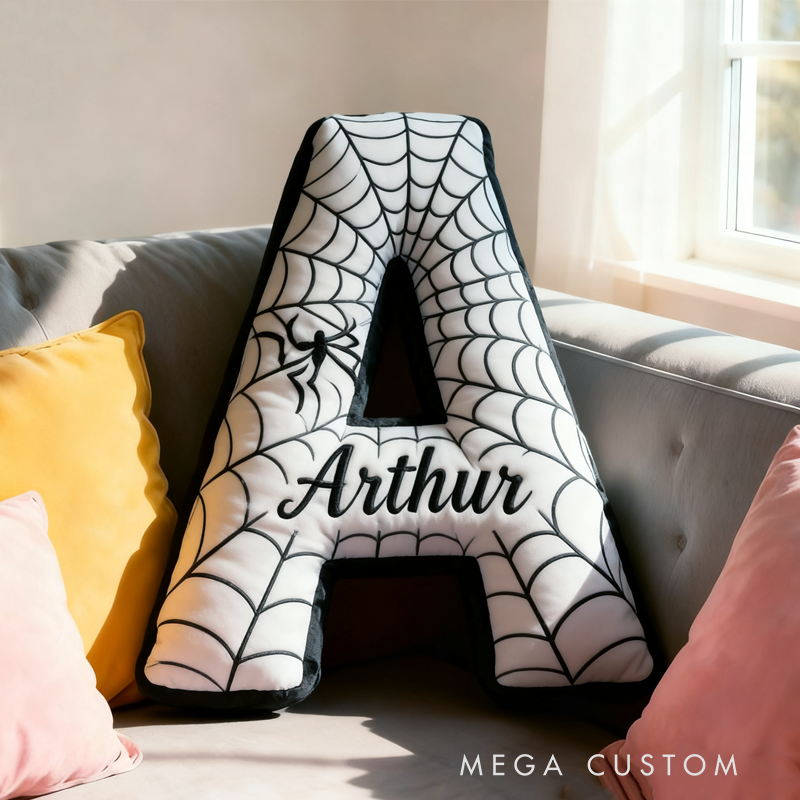 Personalized Cute Black Spider Web Initial Name Pillow Christmas Gift for Kids Family