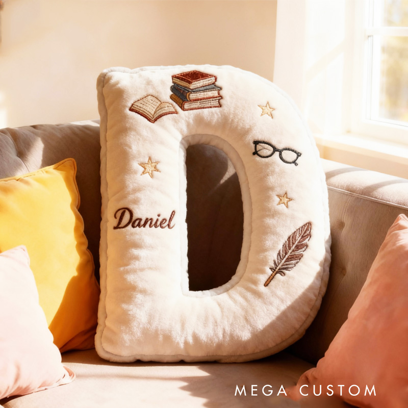 Personalized Book Alphabet Throw Pillow Graphic 3D Print Bookish Book and Glasses Pillow with Name for Kids Book Lover Gifts Birthday Gift