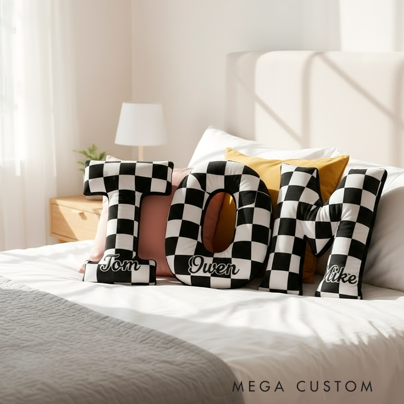 Personalized Racing Letter Throw Pillow Graphic 3D Print Custom Name Checkered Flag Cushion Gift for Racers and Racing Lovers