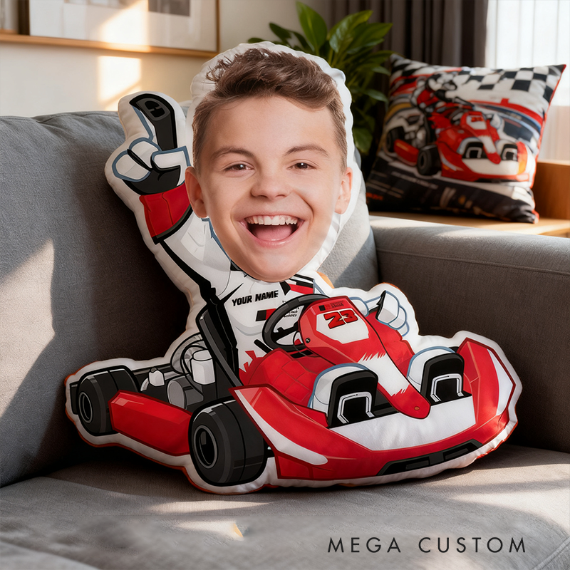 Personalized Kart Racing Custom Face Pillow Custom Name and Color Race Car Driver Shaped Cushion Gift for Racing and Car Lovers