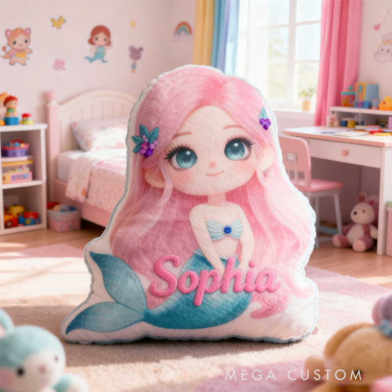 Personalized Cute 3D Cartoon Fantasy Mermaid with Name Pillow Christmas Gift for Kids Family
