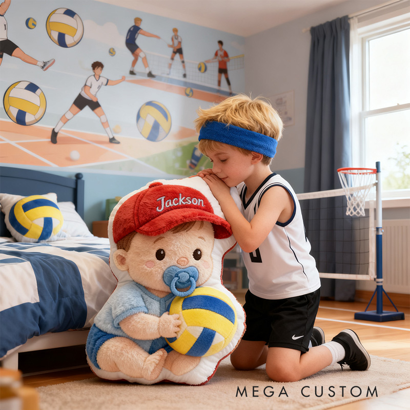 Personalized Baby Boy Name Custom Kids Gift Cute Red Hat Balls Blue Outfit Soft Playful Decorative Graphic 3D Print Pillow