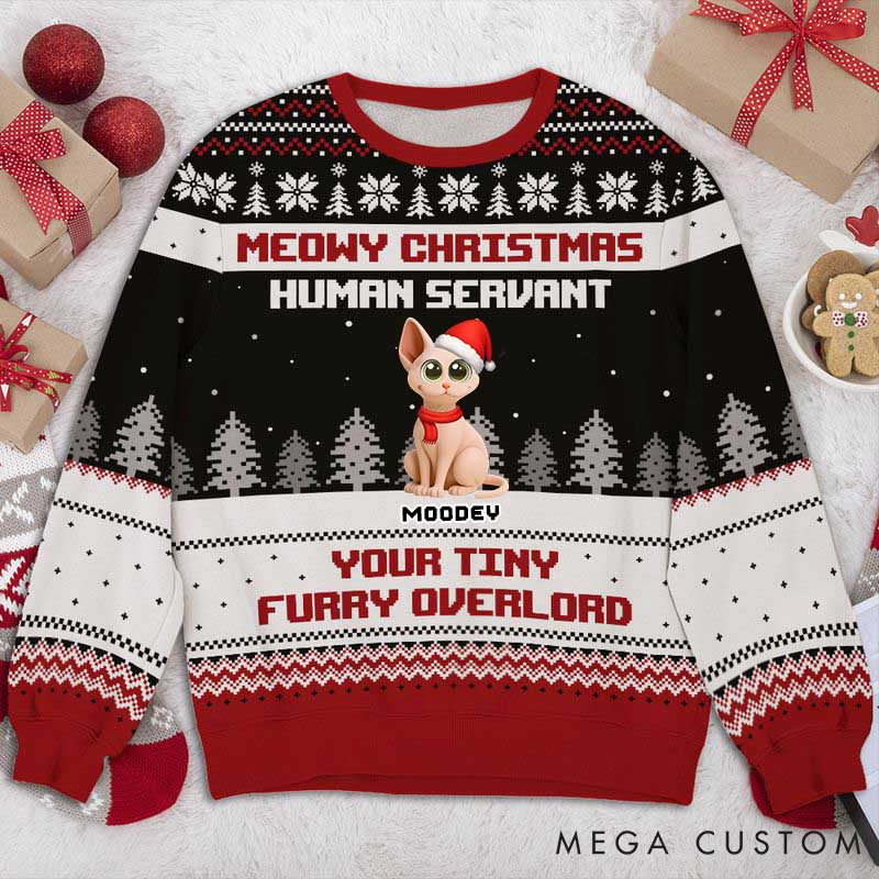 Personalized Cat Lover Your Tiny Furry Overlords Christmas Ugly Sweater