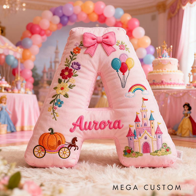 Personalized Pink Letter Christmas Gift Pillow with Castle Pumpkin Carriage Rainbow for a Fairytale Inspired Design Graphic 3D Print Pillow