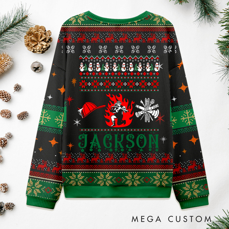 Personalized Firefighter Christmas Sweater Fire Hydrant Flame and Snowflake Design Sweatshirt Gift for Firefighters