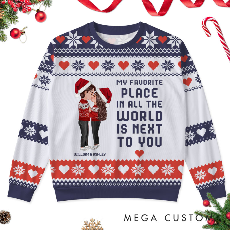 Personalized Christmas Hugging Kissing Couple Ugly Sweater Faux Knitting Ugly Sweater Xmas Gift for Him Her Couple Christmas Ugly Sweater