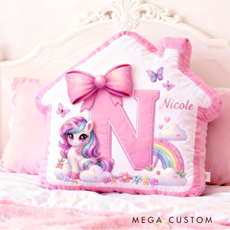Personalized House Pillow Pink House-Shaped 26 Letters Custom Name Design for Girl's Bedroom Decor and Gift Idea Graphic 3D Print