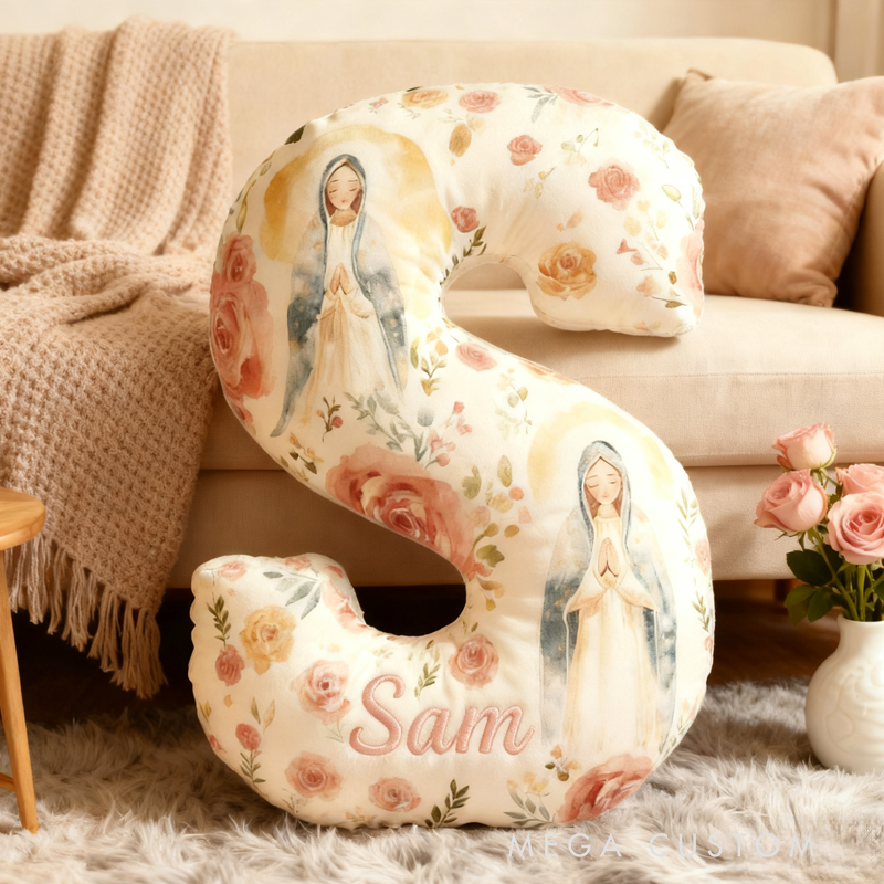 Personalized Virgin Mary Letter Pillow with Custom Name Home Decor Christian Thanksgiving Pillow Retro Fall Faith Gift for Family
