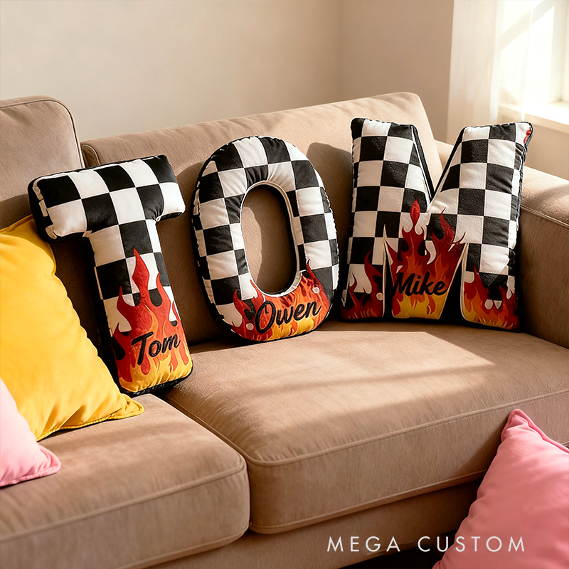 Personalized Racing Letter Throw Pillow Graphic 3D Print Custom Name Checkered and Flame Design Cushion Gift for Racers and Racing Lovers