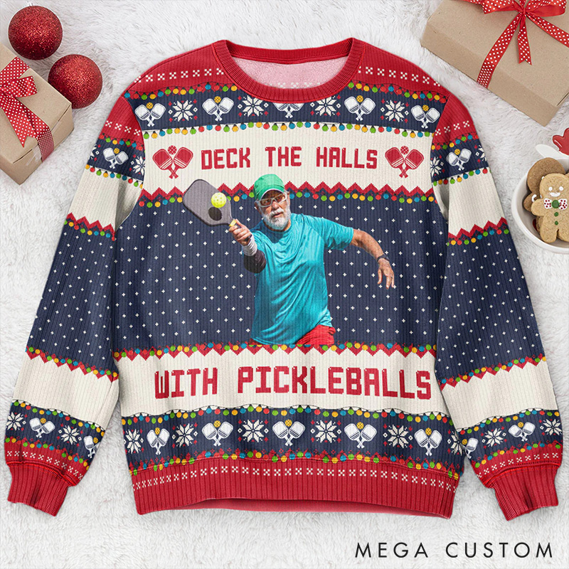 Personalized Pickleball Holiday Ugly Sweatershirt with Custom Photo and Festive Design