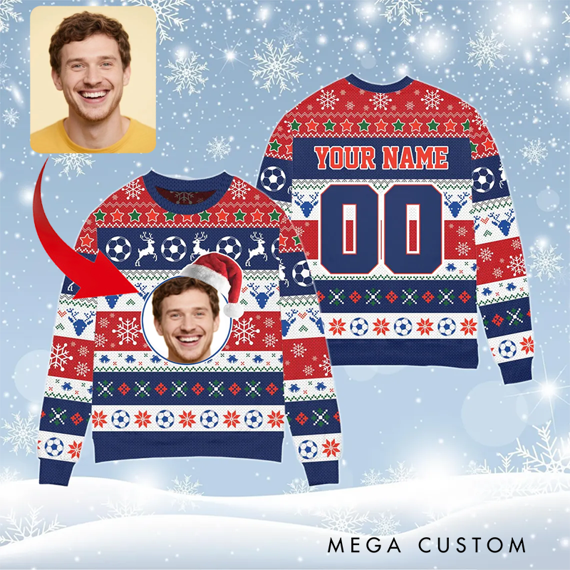 Personalized Christmas Ugly Sweater with Custom Name Number and Soccer Themed Photo Design