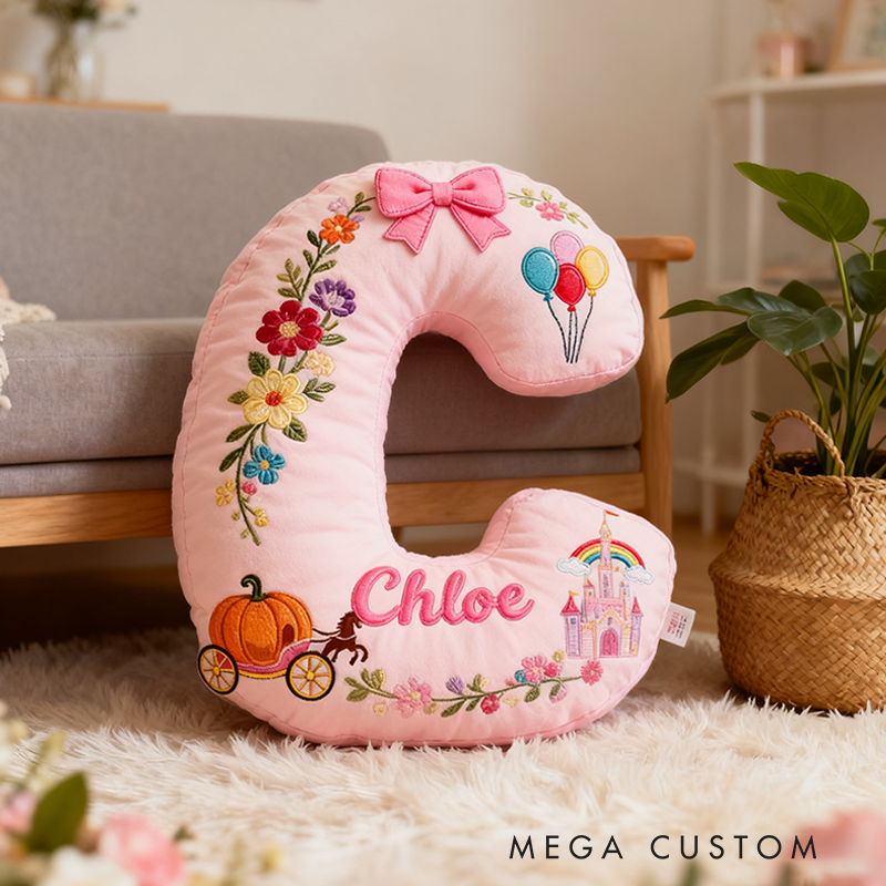 Personalized Pink Letter Christmas Gift Pillow with Castle Pumpkin Carriage Rainbow for a Fairytale Inspired Design Graphic 3D Print Pillow