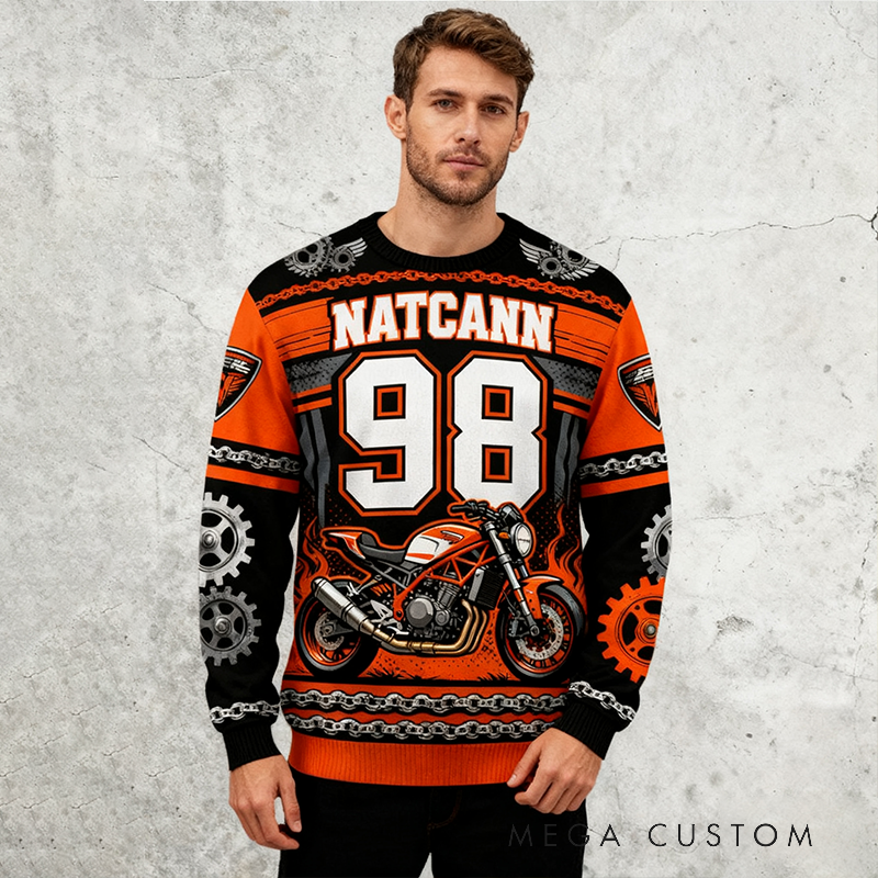 Personalized Motorcycle Themed Ugly Sweater Custom Name and Number Ugly Sweater Xmas Gift for  Motorcyclist