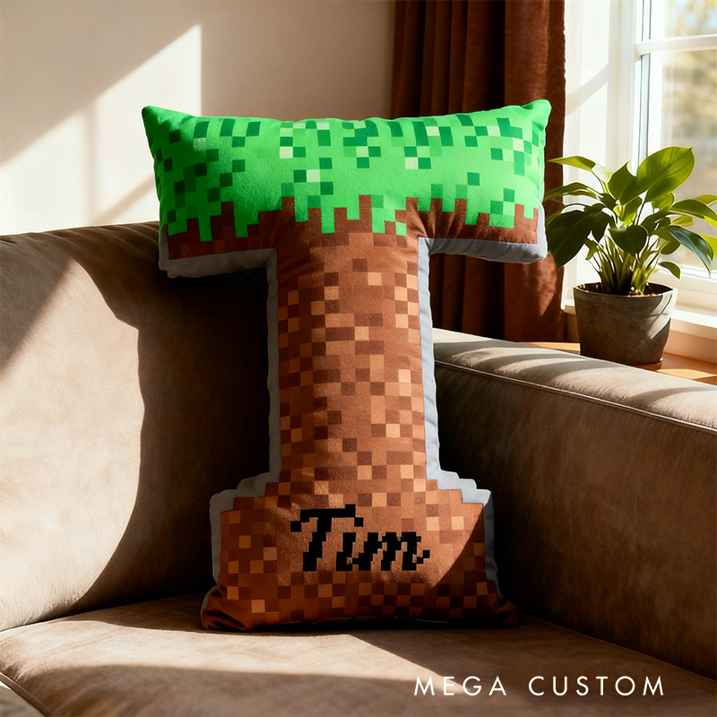 Personalized Pixel Grass Graphic 3D Print Alphabet Shaped Pillow for Game Lovers Initial Pillow Christmas Gift for Kids