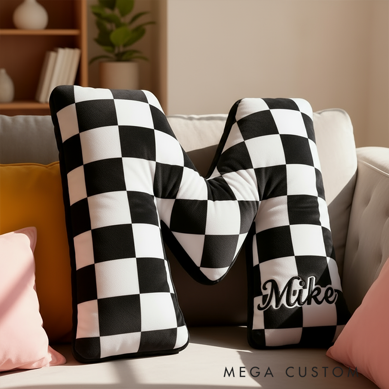 Personalized Racing Letter Throw Pillow Graphic 3D Print Custom Name Checkered Flag Cushion Gift for Racers and Racing Lovers