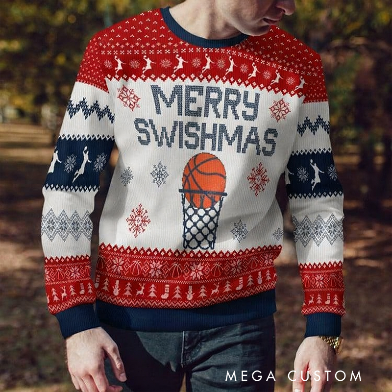 Personalized Merry Swishmas Basketball Christmas Sweater with Custom Name