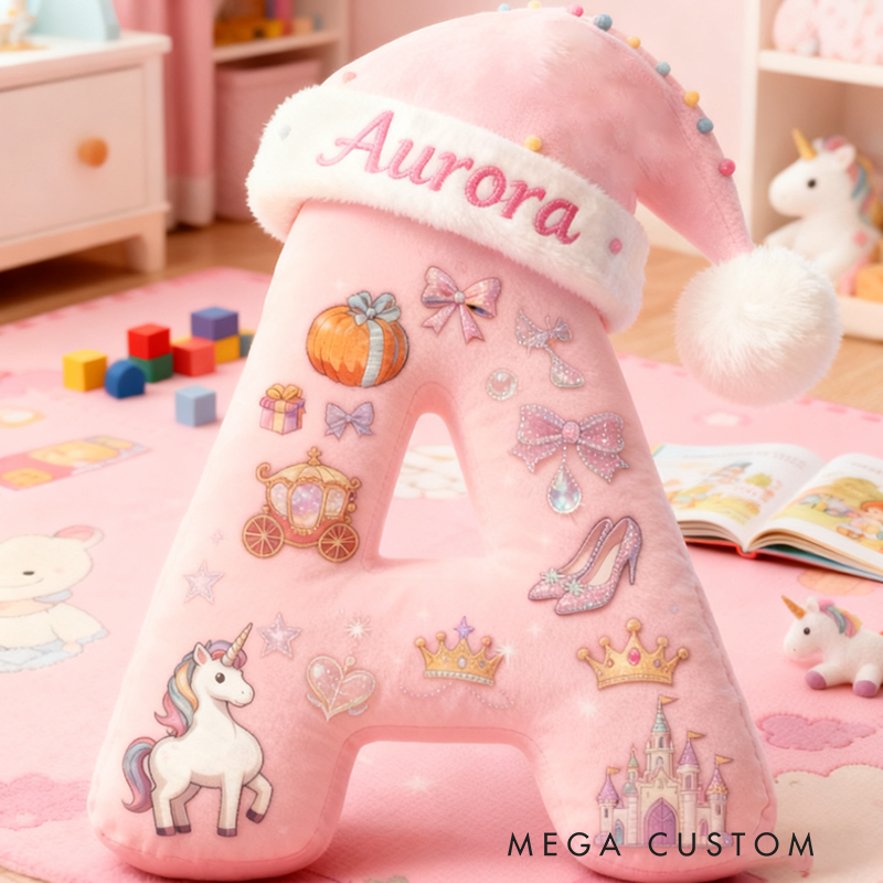 Personalized Pink Letter Pillow with Santa Hat Castle Crown Glass Slipper Pumpkin Carriage Bows and Fairytale Magic Graphic 3D Print Pillow