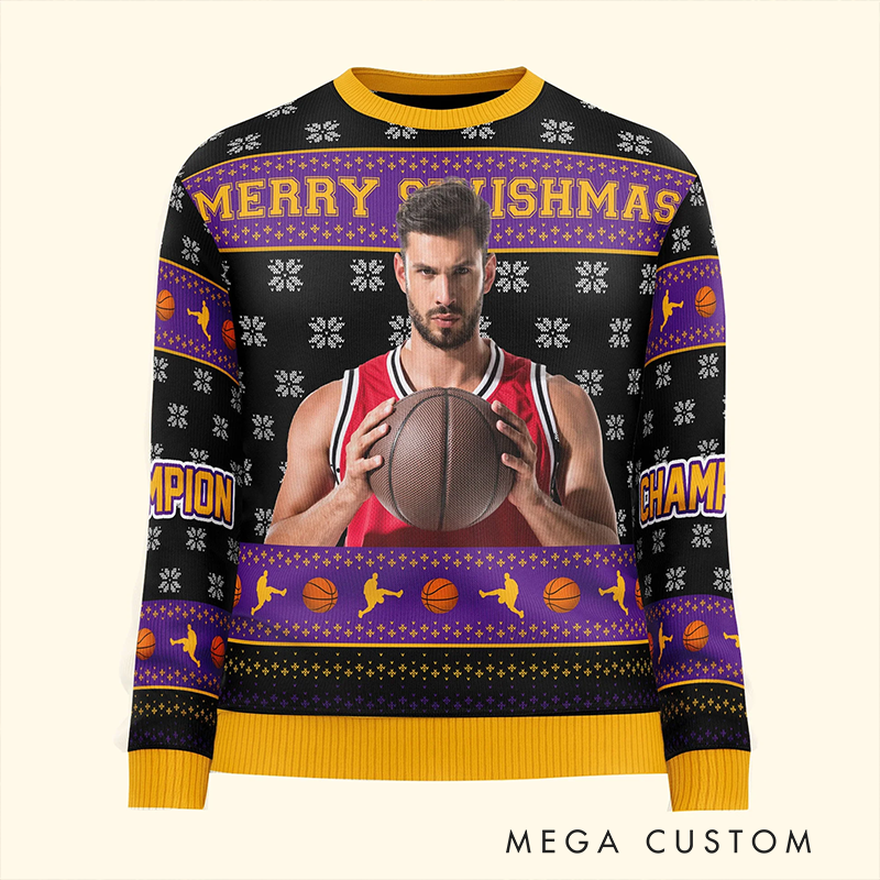 Personalized Basketball Christmas Sweater with Custom Photo and Festive Design