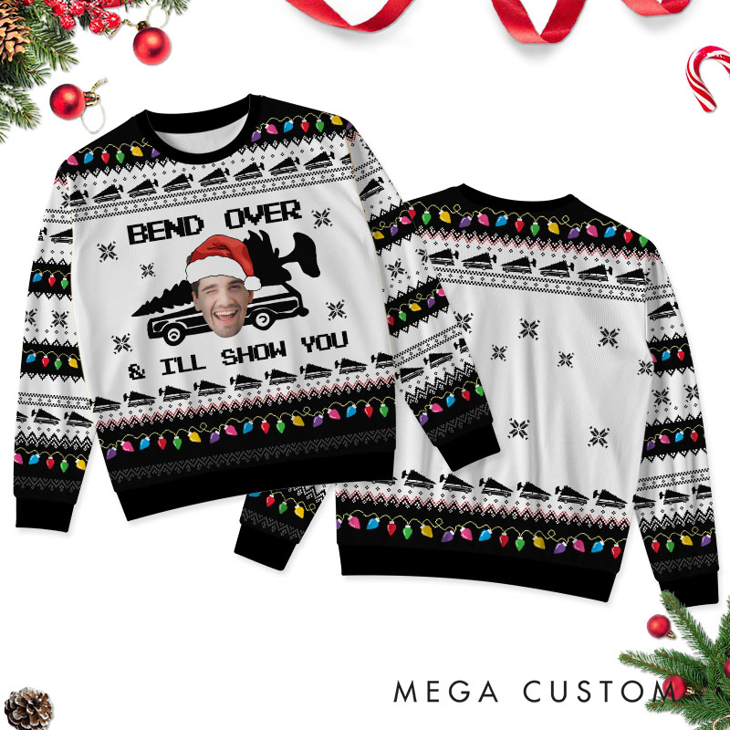 Personalized Funny Couple Bend Over and I'll Show You Christmas Ugly Sweater Custom Couple Face Photo Xmas Matching Crewneck Sweater for Husband Wife