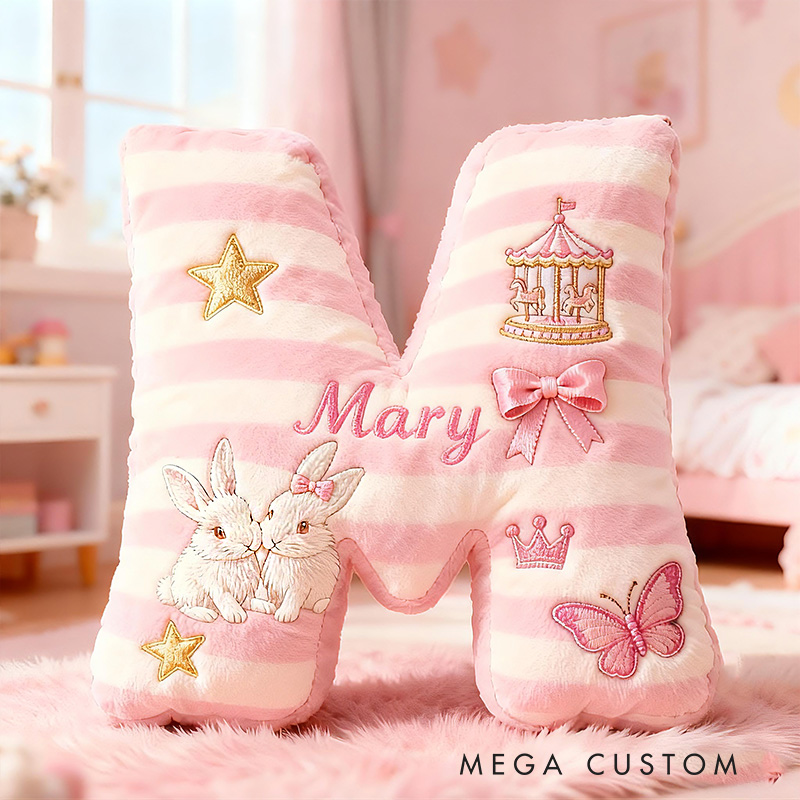 Personalized Pink Striped Bunny Star Butterfly Carousel Letter Initial Custom Name Soft Decorative Gift Cozy Girls Room  Graphic 3D Print Pillows Pillow