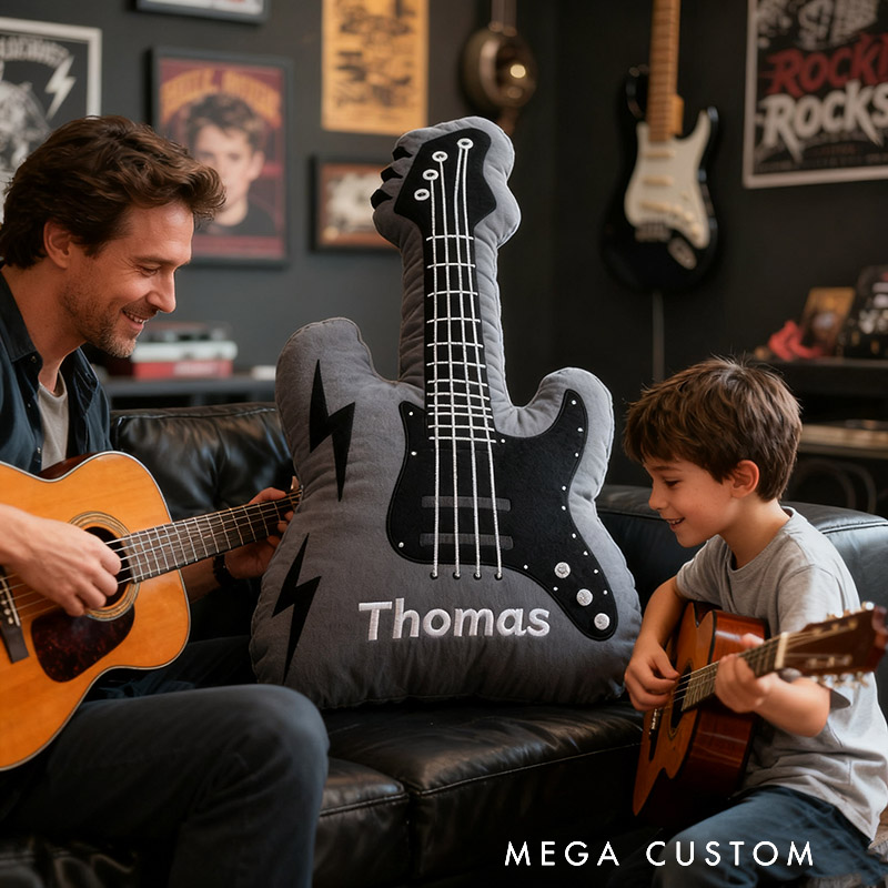 Personalized Graphic 3D Print Electric Guitar Pillow With Your Own Name Soft Stuffed Toy for Rock Music Lovers Unique Decorative Cushion for Boys' Room and Music Room