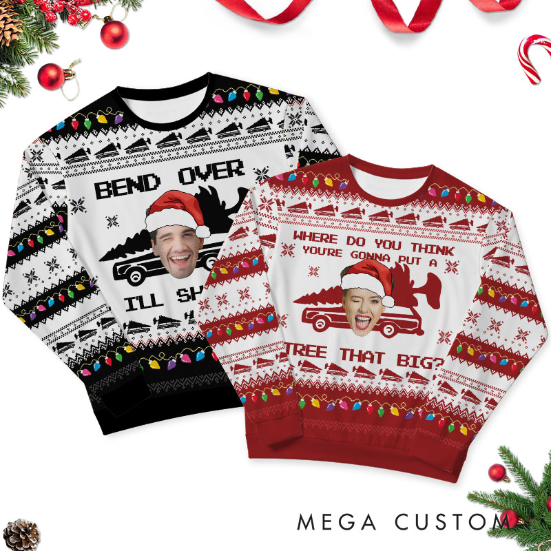 Personalized Funny Couple Bend Over and I'll Show You Christmas Ugly Sweater Custom Couple Face Photo Xmas Matching Crewneck Sweater for Husband Wife