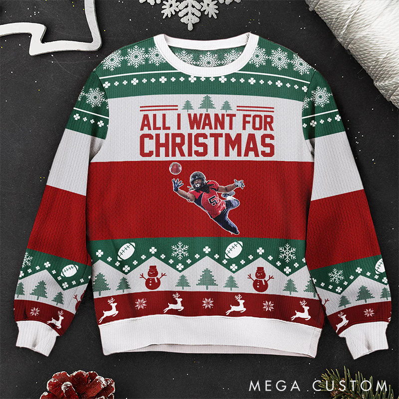 Personalized American Football Holiday Ugly Sweatershirt with Custom Photo and Festive Design