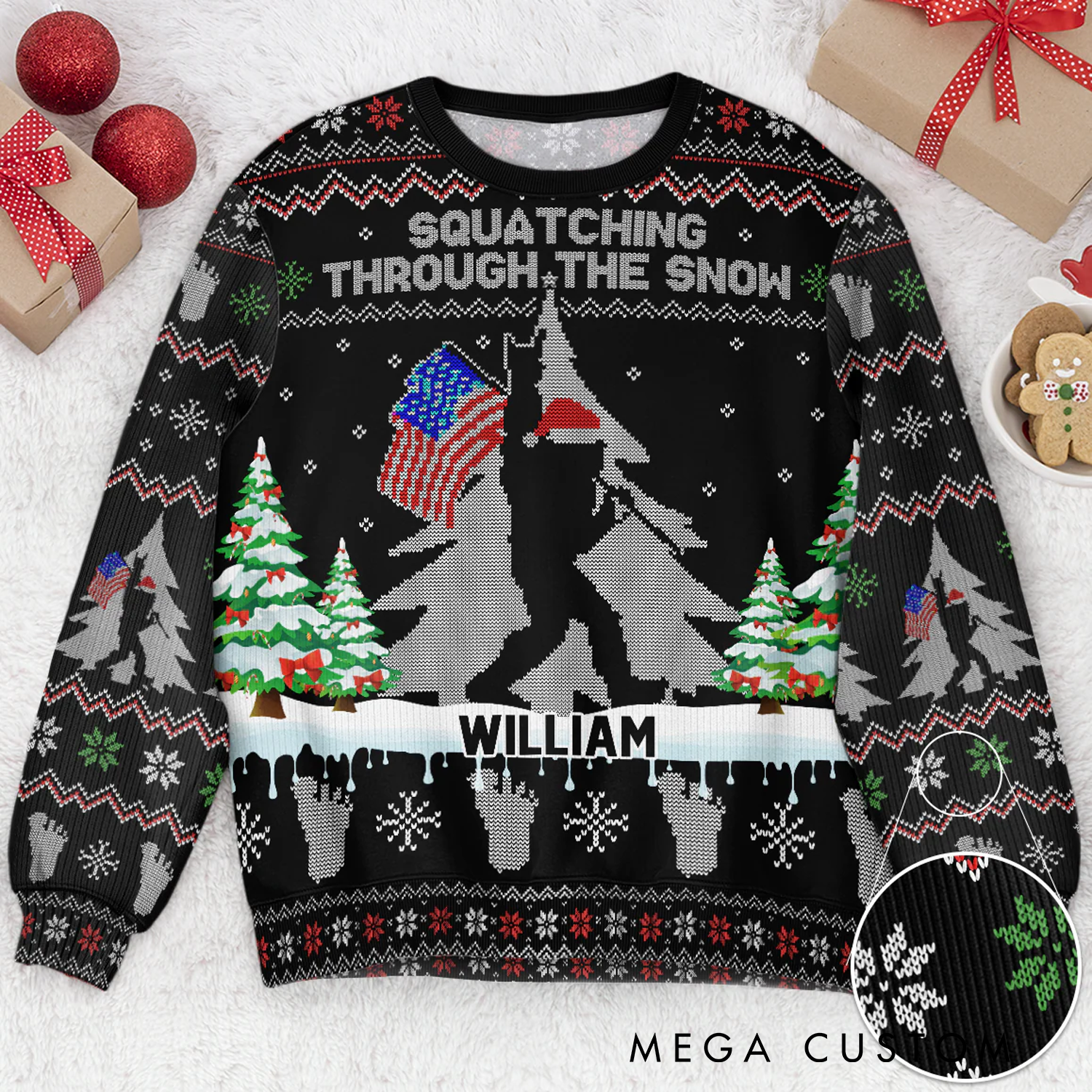 Personalized Squatching Through the Snow American Bigfoot Ugly Sweater Christmas Gift for Outdoor Enthusiasts