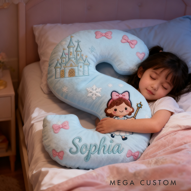 Personalized Light Blue Letter Christmas Gift Pillow with Castle Bow Accents and Fairy Princess Design for a Magical and Whimsical Touch 3D Print Pillow