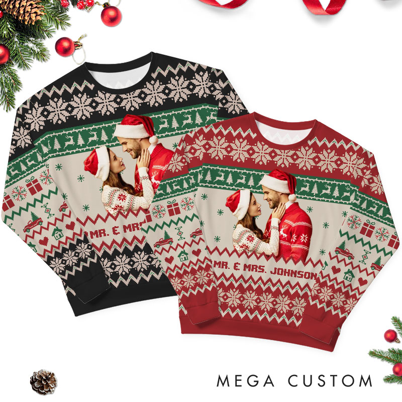 Personalized Couple Photo Christmas Ugly Sweater Custom Couple Face Xmas Matching Crewneck Sweatshirt Christmas Gift for Husband Wife