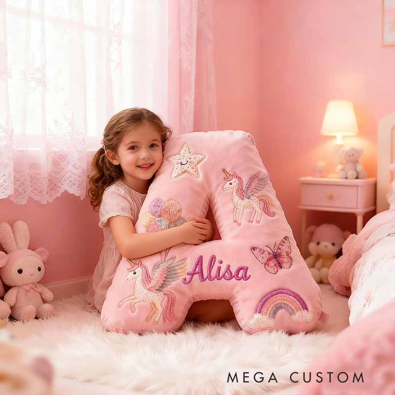 Personalized Pink Rainbow Letter Initial Custom Name Soft Decorative Gift Magical Girls Room Cozy Alphabet Shape  Graphic 3D Print Pillow