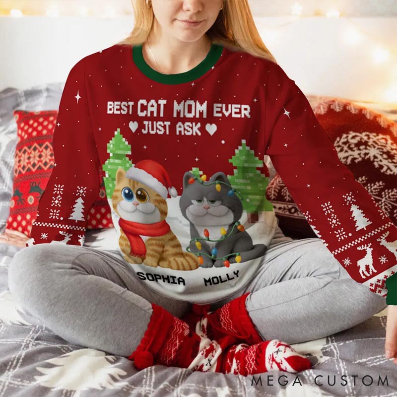 Personalized Cat Lover Best Chunky Cat Mom Christmas Ugly Sweater