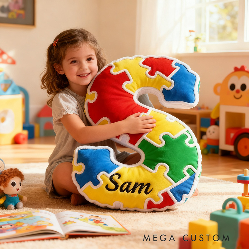 Personalized Bright Puzzle Pattern Letter Initial Name Cushion Soft Decorative Gift for Kids Room Fun Alphabet Shape Pillow