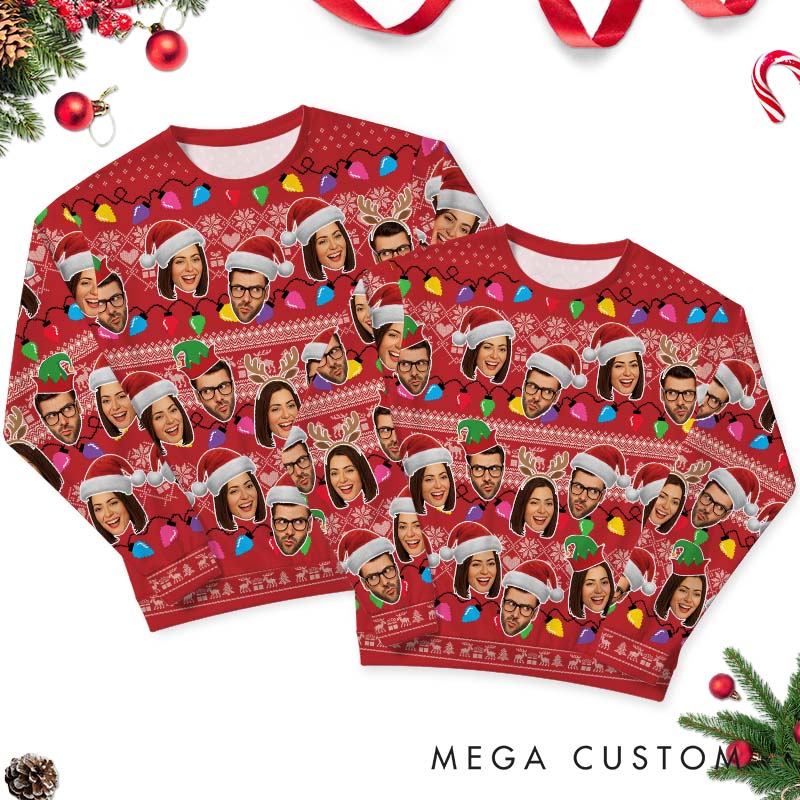 Personalized Couple Photo Christmas Ugly Sweater Custom Couple Face Xmas Light Matching Crewneck Sweatshirt Christmas Gift for Husband Wife
